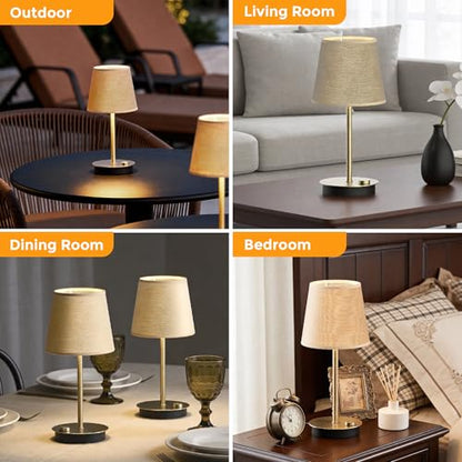 Rechargeable Cordless Table Lamp with Fabric Shade, 2 Pack, Brass | 3600mAh Battery Operated Table Lamp, 2700K Warm Light, Stepless Dimming, for Bedroom, Dining Room, Living Room