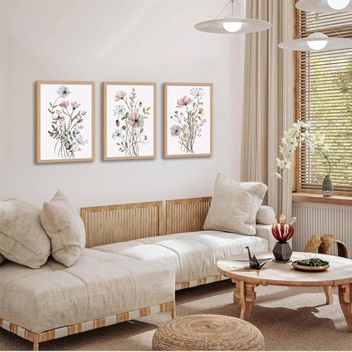 3Pcs Framed Botanical Wall Art Set of Watercolor Floral Canvas Prints Wildflower Painting Posters with Wooden Frames Modern Minimalist Pictures for Living Room Bedroom Home Decor 12x16in - color: Wildflower, size: 12x16 Inches