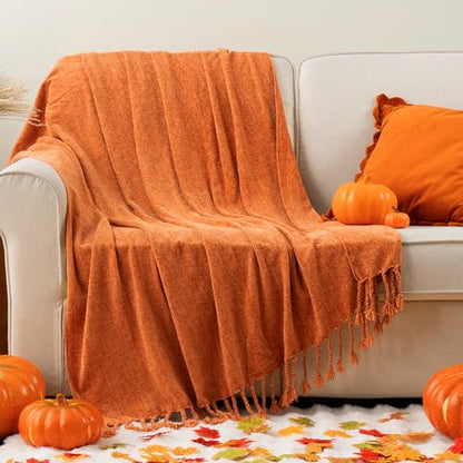 BATTILO HOME Burnt Orange Chenille Throw Blanket for Couch, Soft Cozy Knitted Fall Throw with Tassels, Lightweight Throw Blanket for Fall Decor Bed Sofa Living Room, 50"x60" | Soft Chenille Fall Blanket with Fringe Tassels, Lightweight Fall Decor and Fall