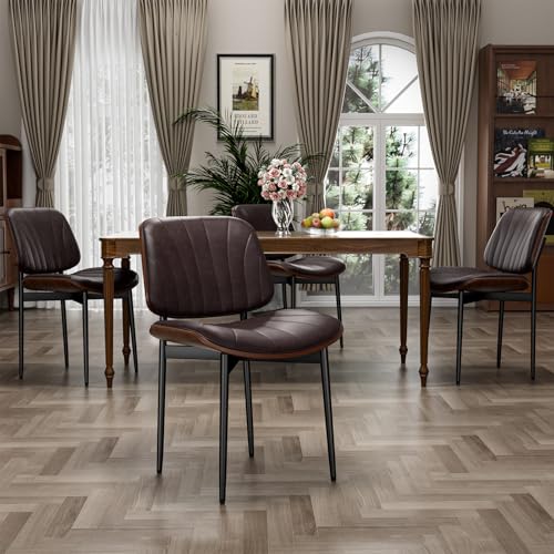 YaFiti Mid Century Dining Chairs Set of 2 with Walnut Bentwood, Brown | Ergonomic Walnut Backrest, Upholstered Waterproof PU Leather Seat, Stable Metal Legs, Adjustable Footpads, Apartment Friendly - color: Brown Scallop