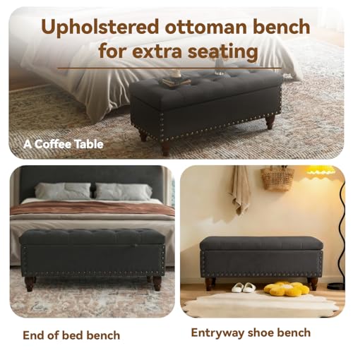 42'' End of Bed Storage Bench with Dual-Surface Lid, Upholstered Ottoman with Hidden Storage, Chenille Bench Seating with Wood Panel Seat for Entryway,Living Room,Bedroom-Black - color: 5-black