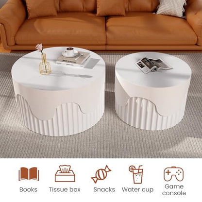 JHKZUDG 2-Pack Nesting Coffee Tables 26.8" & 19.7" White, Fluted Wood | Modern Wood Accent Furniture Set, Space-Saving Design for Living Room & Bedroom, Unique Fluted End Tables - color: 26.77"+19.69" White