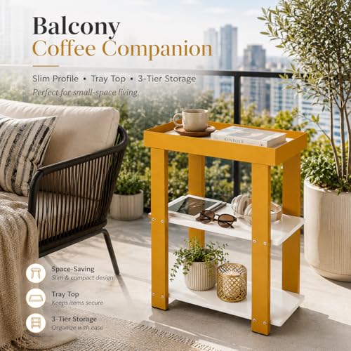 3-Tier Narrow Side Table with Tray Top, Slim Side Table, White&Gold | Modern Skinny End Table with Storage, Thin Nightstand Bedside Table for Small Spaces, Living Room, Bedroom or Bathroom - color: White + Gold