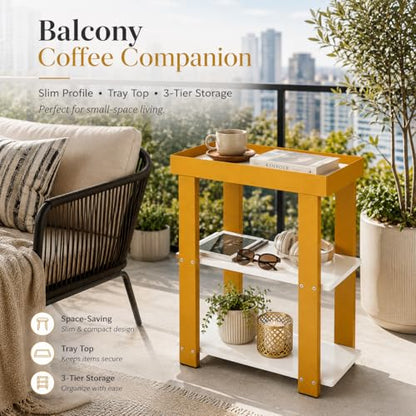 3-Tier Narrow Side Table with Tray Top, Slim Side Table, White&Gold | Modern Skinny End Table with Storage, Thin Nightstand Bedside Table for Small Spaces, Living Room, Bedroom or Bathroom - color: White + Gold