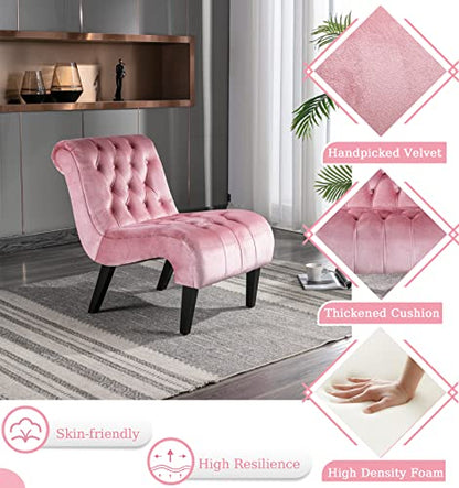 Comfy Velvet Accent Chair Set of 2, Tufted Armless Chair with Rolled Edge | Modern Small Lounger for Living Room, Upholstered Reading Chaise Lounge with Solid Rubber Wood Legs, Pink - color: Pink, size: Set of 2