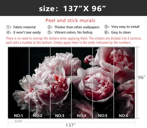 YIHWM-Peel and Stick Pink Flowers Wallpaper Dark Peony Floral Wall Mural | Tear-resistant,with a substantial feel;Will not be damaged during repositioning.Bathroom,Bedroom wallpaper.L-137"x96" - color: Yh10, size: 137"x96"