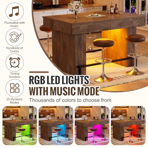 PAKASEPT 63" Bar Table, Rectangular Counter Height Pub Table with 4 Drawers and LED Lights, Large Wooden Counter Height Kitchen Island for Home Bar, Dining Room, Restaurant