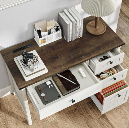 White Farmhouse Desk, 45" Desk with Outlets & File Drawer | At Home Office Desk with Built-in Charging Station, Full Extension Storage for Small spaces, Remote Workers & Students - color: White