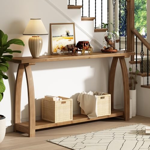 63" Long Solid Wood Console Table, Narrow Behind Couch Sofa Table | with A-Shaped Curved Legs, with Storage Shelf, Farmhouse Entryway Table, Rustic Skinny, for Living Room, Hallway or Foyer