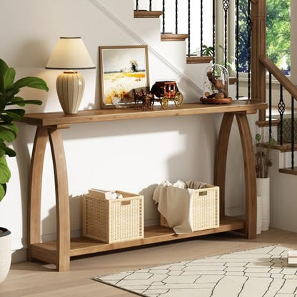 63" Long Solid Wood Console Table, Narrow Behind Couch Sofa Table | with A-Shaped Curved Legs, with Storage Shelf, Farmhouse Entryway Table, Rustic Skinny, for Living Room, Hallway or Foyer