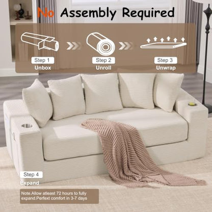 76" Convertible Sofa Bed, Corduroy Boneless Couch with Cup Holders & Pocket | 2-in-1 Sleeper Sofa, Pull-out Couch Bed with 5 Pillows, Living Room, Small Spaces, Bedroom, No Assembly - color: 76" Beige
