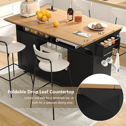 Einhomn 65" Kitchen Island with Drop Leaf, Mobile Island Table for Kitchen with Trash Can Storage, Black - style: Black