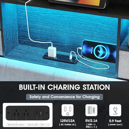 Maupvit Headboard Full Size with Storage, Full Headboard Only with 2 Drawers, Charging Station and LED Lights, Upholstered Headboards Easy Assembly, Black&Grey - color: Black, size: Full