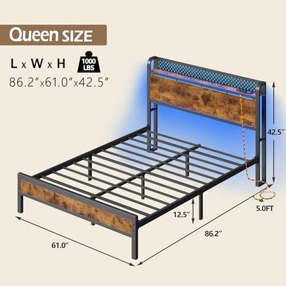 Queen Bed Frame with Headboard,Charging Station and LED Lights | Metal Platform Bed with Charging Station and LED Lights, Noise Free, Easy Assembly,No Box Spring Needed, Brown - size: Queen
