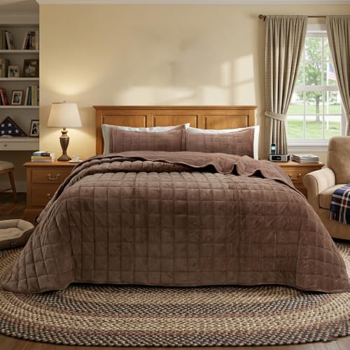 Velvet Quilt Oversized King Size, Luxury Soft Bedding Set, Lightweight Cozy Warm Quilted 3-Piece Velvet Coverlet Bedspread Sets with 2 Pillow Shams for All Season, Brown - color: Brown, size: Oversized King(120"x120")