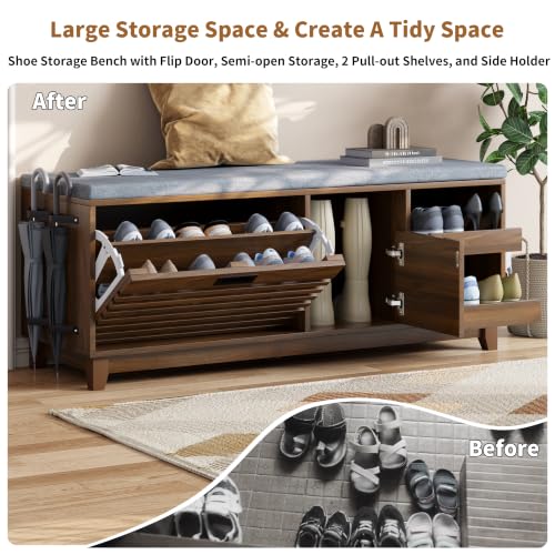 47.2" Shoe Storage Bench with Flip Drawer, 2-Tier Entryway Bench with Padded Seat Cushion & 2 Pull-out Shelves & Semi-open storage, Shoe Rack Bench with Side Holder for Hallway,Bedroom (Walnut)