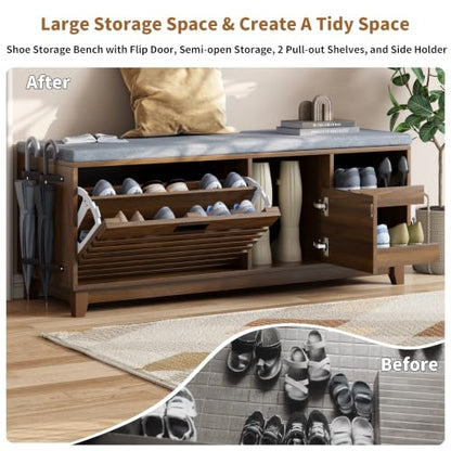47.2" Shoe Storage Bench with Flip Drawer, 2-Tier Entryway Bench with Padded Seat Cushion & 2 Pull-out Shelves & Semi-open storage, Shoe Rack Bench with Side Holder for Hallway,Bedroom (Walnut)