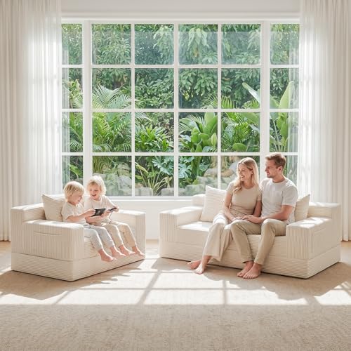 Convertible Sofa Bed,Small Boneless Couch & Boneless Loveseat,Pull Out Couch Bed for Small Spaces,Premium Luxe Corduroy Folding Floor Futon Sleeper with Side Pocket & 2 Pillows,No Assembly Required - color: A-beige, size: Lovseat