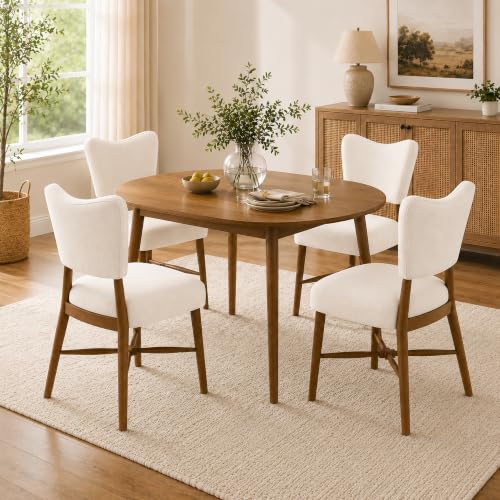 Mid Century Dining Chairs Set of 4, Linen Seat, Wood Legs, Cream | Farmhouse, Upholstered Padded Cushion, Solid Wood Cross-Brace, Easy 15-Min Assembly, Kitchen Dining Room - color: Cream, size: Set of 4