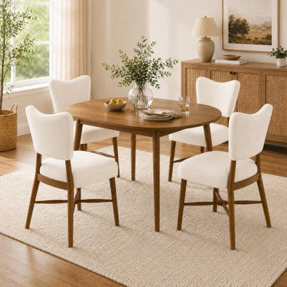 Mid Century Dining Chairs Set of 4, Linen Seat, Wood Legs, Cream | Farmhouse, Upholstered Padded Cushion, Solid Wood Cross-Brace, Easy 15-Min Assembly, Kitchen Dining Room - color: Cream, size: Set of 4