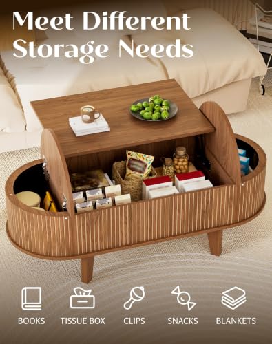 Fluted Oval Lift Top Coffee Table with Storage, 47" Wood Mid Century Modern Coffee Table for Living Room, Walnut - color: Walnut-oval (Flip Top)