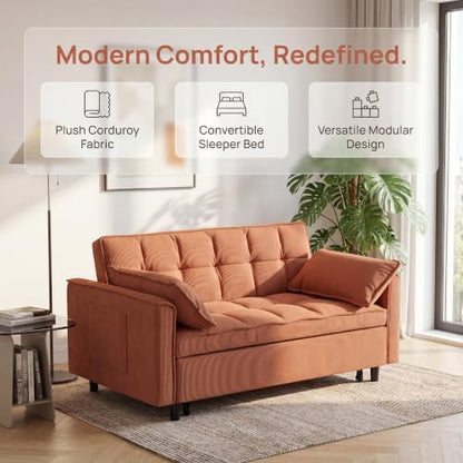 Sleeper Sofa Bed with Adjustable Backrest & Side Pockets, Orange | Adjustable Backrest & Side Pockets,Pull Out Sofa,Comfortable Fabric - color: S-orange-k9