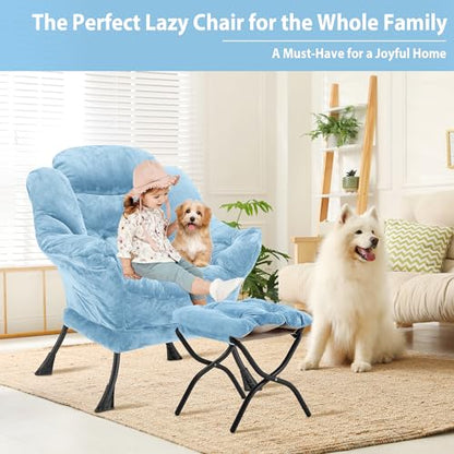 Youtanic Lazy Chair with Folding Ottoman, Accent Chair Plush Upholstered with Metal Structure and Non-Slip Pads, Sofa Armchair with Footrest and Side Storage Bag for Dorm, Room, Office, Blue - color: Plush Blue