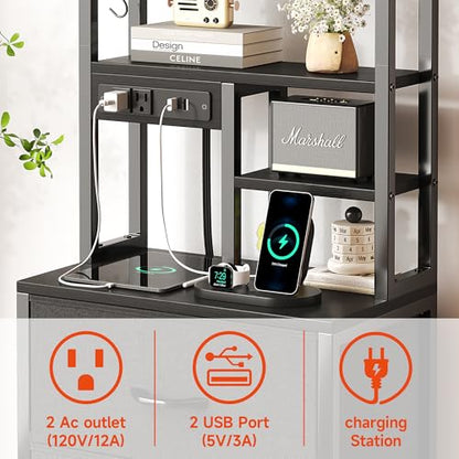 COTUBLR Night Stand, Tall Nightstand with Charging Station and LED Lights, Side Table with 4-Tier Shelves and 3 Fabric Drawers, 45.3" Tall Bedside End Tables for Bedroom, Hallway, Office, Black - color: Black