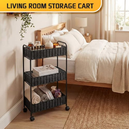 Utility Slim Storage Cart,3-Tier Rolling Kitchen Office Laundry Room Cart,Mobile Shelving Unit Organizer for Living Room Bathroom Baby Diaper Narrow Places (Black, 3 Tiers-7.1 inch (W)) - color: Black