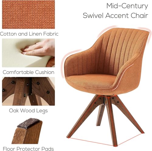 Swivel Desk Chair for Home Office, Fabric, Caramel | No Wheels, Oka Wood Legs, Mid Century Modern, Upholstered, 360° Swivel, Accent Chair, Living Room, Bedroom - color: Caramel, size: Fabric