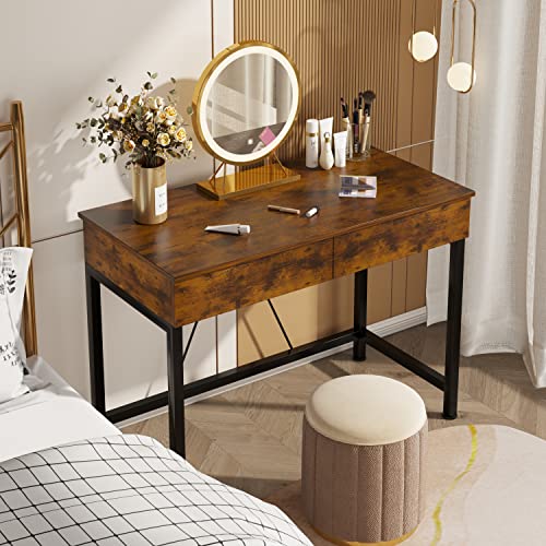 Mexin Small Desk with 2 Wooden Drawers, 40 Inch Home Office Writing Desk, Vanity Desk with Storage, Computer Desk for Bedroom Small Spaces, Table for Office, Kids Study, Makeup, Rustic Brown - color: Rustic Brown