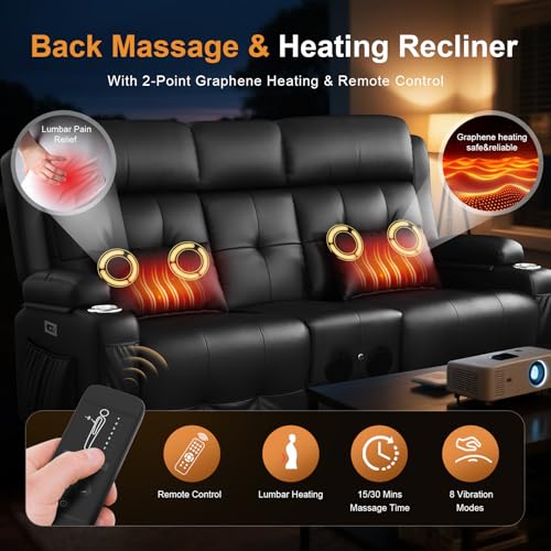 Home Theater Seating, Power Loveseat Recliner Sofa with Massage & Heat | Wall Hugger Reclining Loveseat with USB, RV Couch with LED Lights, Flip Backrest, Cup Holders for Movie Theater, Gaming Room - color: Black, size: 72" - 2 Seats