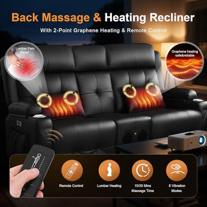 Home Theater Seating, Power Loveseat Recliner Sofa with Massage & Heat | Wall Hugger Reclining Loveseat with USB, RV Couch with LED Lights, Flip Backrest, Cup Holders for Movie Theater, Gaming Room - color: Black, size: 72" - 2 Seats