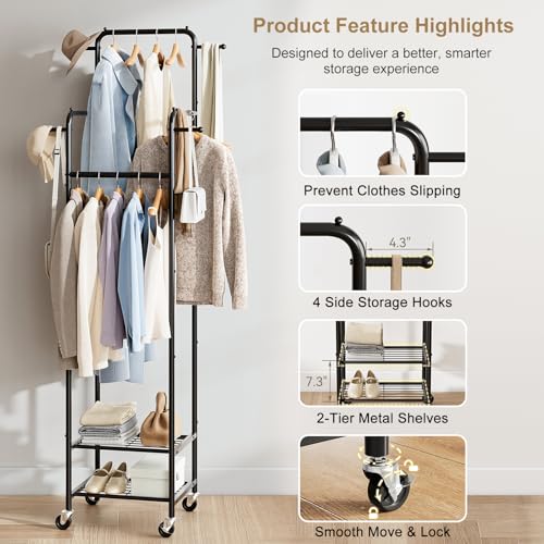 Small Clothing Rack with Wheels, Narrow Rolling Clothes Rack with 2 Shelves | Gasvadivum 71" Tall Sturdy Metal Garment Rack with 4 Hanging Rods & 4 Hooks, Portable Coat Rack for Bedroom, Bathroom, Black - color: Black