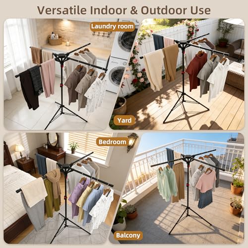 Clothes Drying Rack Foldable, Adjustable Height with Fold Button | Stable Tripod Base, Rust-Resistant, Quick Fold Button, Independent Rod Adjustment, Fits 90°/180°/270° Corners