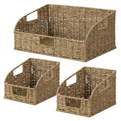 StorageWorks Seagrass Storage Baskets, Pantry Organizers and Storage,3-Pack | Pantry Storage Baskets, Wicker Baskets with Built-in Handles, Handwoven Shelf Baskets for Organizing, Pantry Organization - color: Natural(Seagrass), size: 17"L x 11"W x 7½"H +
