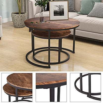 HOJINLINERO Round Coffee Table,Nesting Coffee Table Set of 2,Rustic Brown | Center Table for Living Room,Small Apartment,Small Space,Stacking Side Tables,Wood Tabletop,Sturdy and Easy Assembly,Large - color: Brown, size: Large