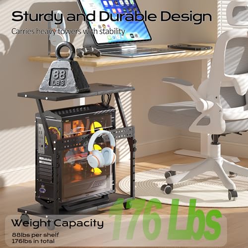 24In Large PC Stand, 5 Levels Height Adjustable Computer Tower Stand with Charging Station, Wheels and Hooks, CPU Holder Cart for Floor, Carpet and Under Desk, Easy Assembly（with Power Strips） - color: Black with Outlet