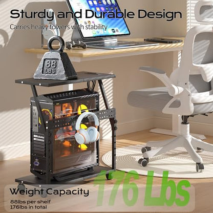 24In Large PC Stand, 5 Levels Height Adjustable Computer Tower Stand with Charging Station, Wheels and Hooks, CPU Holder Cart for Floor, Carpet and Under Desk, Easy Assembly（with Power Strips） - color: Black with Outlet