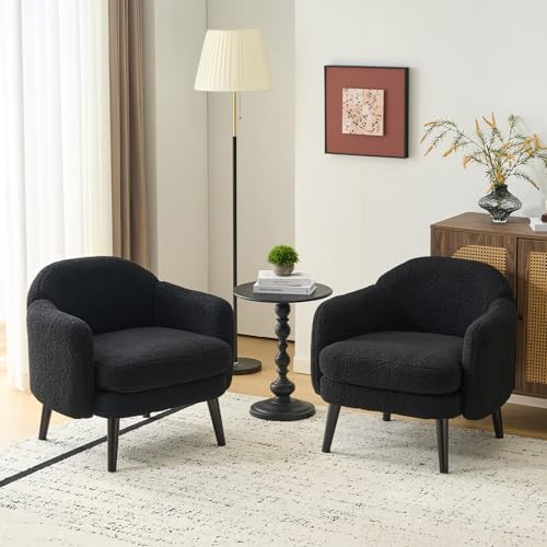 VINGLI 30.3" Wide Modern Barrel Accent Armchairs Set of 2 with Track Armrest, Solid Wooden Legs, Comfy Upholstered Club Chairs, Single Home Sofa for Living Room, Bedroom, Reading,Teddy Fleece Black - color: Black