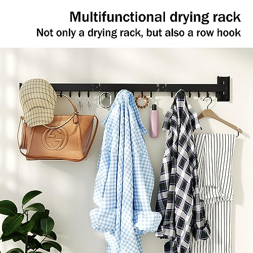 HEILAIYI Clothes Drying Rack for Laundry,Wall Mounted Clothes Hanger Rack,Folding,Retractable,Collapsible(J Shape Hooks) - size: Black/J-Shape Hooks