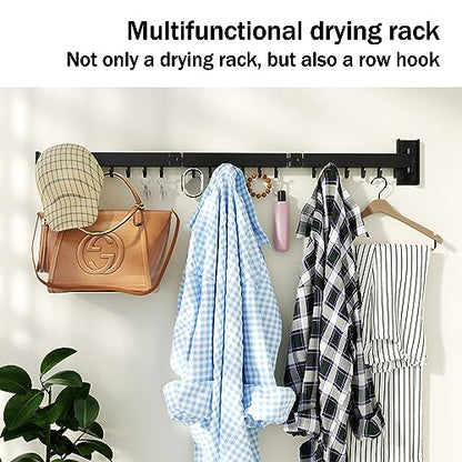HEILAIYI Clothes Drying Rack for Laundry,Wall Mounted Clothes Hanger Rack,Folding,Retractable,Collapsible(J Shape Hooks) - size: Black/J-Shape Hooks