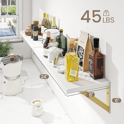 Dreamland Wall Mounted Floating Shelves Set of 2, 24x8, White&Gold | Engineered Wood, Visible Bracket, Large Storage, Hold Up to 45lbs, Living Room, Bathroom, Bedroom, Kitchen - color: White&gold, size: 24"W x 8"D