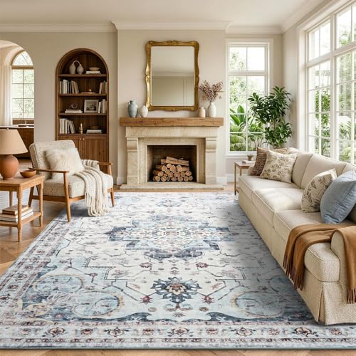 8x10 Area Rugs for Living Room Bedroom Soft Vintage Washable Rug Decor Blue | Soft Low-Pile Stain Resistant Large Indoor Carpet With Non Slip Backing for Dining Room Nursery,Thin,Foldable,Home Decor - color: 25f01-blue, size: 8' x 10' (Rectangular)