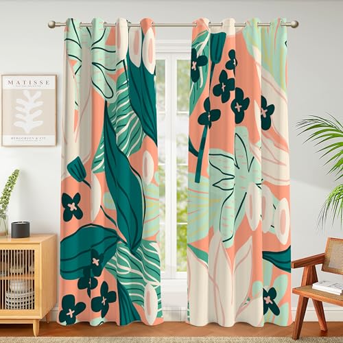 Tyrot Coral Botanical Blackout Curtains for Bedroom,52W x 84L,2 Panels | Whimsical Floral, Energy-Saving Thermal Insulation, Light Blocking, Room-Darkening Privacy, Easy Grommet Drapes, Heavyweight - color: Coral Breeze, size: 52"W x 84"L (Pack of 2)