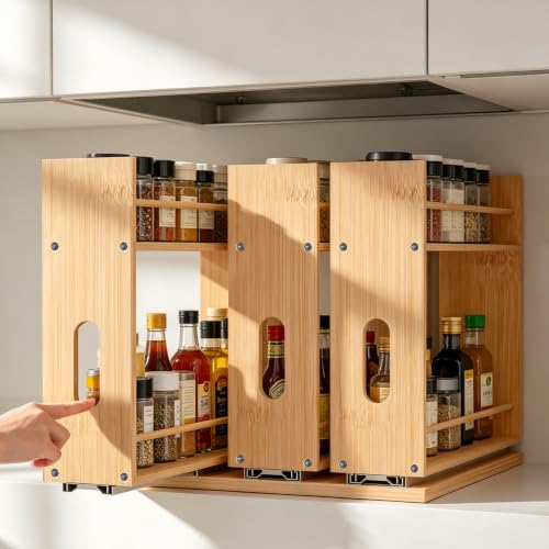 Bamboo Spice Rack Organizer for Cabinet, Pull Out Seasoning Rack Kitchen Spice Organizer, Sliding Spicy Shelf Pantry Countertop Vertical Organization, 3 Drawers, 3-Tier - size: 9.1" Wide, 3 Drawers(1.85" Wide), 2-Tier