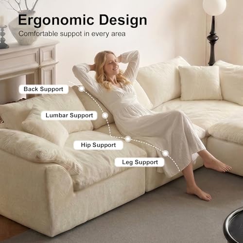 Cloud Couch Sectional for Living Room, Modular L Shaped Boneless Sofa with Chaise, Compressed No Assembly Couch, Deep Seat Chenille Upholstered Convertible Sofa Bed (White) - color: Warm White