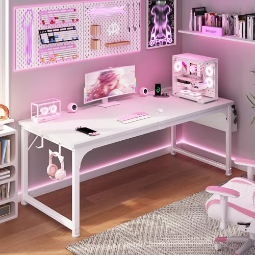 DurayLoly 55 x 24 inch Desk, 24mm Thick Heavy Duty Computer Desk with RGB LED & Power Outlets, Gaming Desk with Detachable Stand, Hooks & Storage Bag, 150LBS Load Capacity, White - color: White, size: 55 Inch
