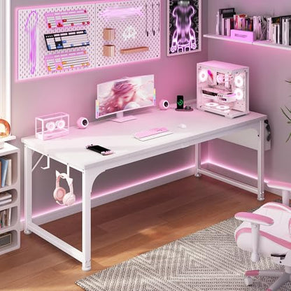 DurayLoly 55 x 24 inch Desk, 24mm Thick Heavy Duty Computer Desk with RGB LED & Power Outlets, Gaming Desk with Detachable Stand, Hooks & Storage Bag, 150LBS Load Capacity, White - color: White, size: 55 Inch