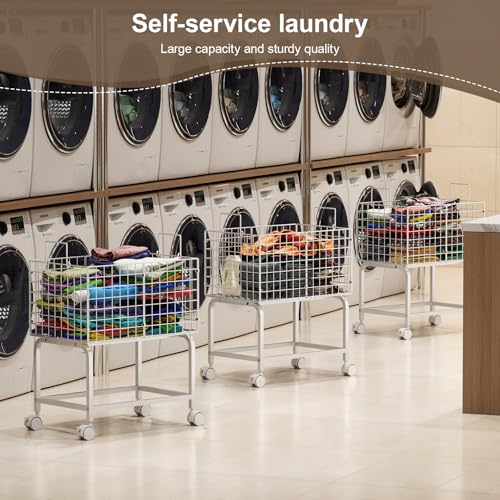 Laundry Basket with Wheels,80L Wire Rolling Laundry Basket with Pull Handle,White High Laundry Cart for Laundry Room,Bathroom,Bedroom-White(23.6 * 15.75 * 28inch) - style: Medium Oblong-White
